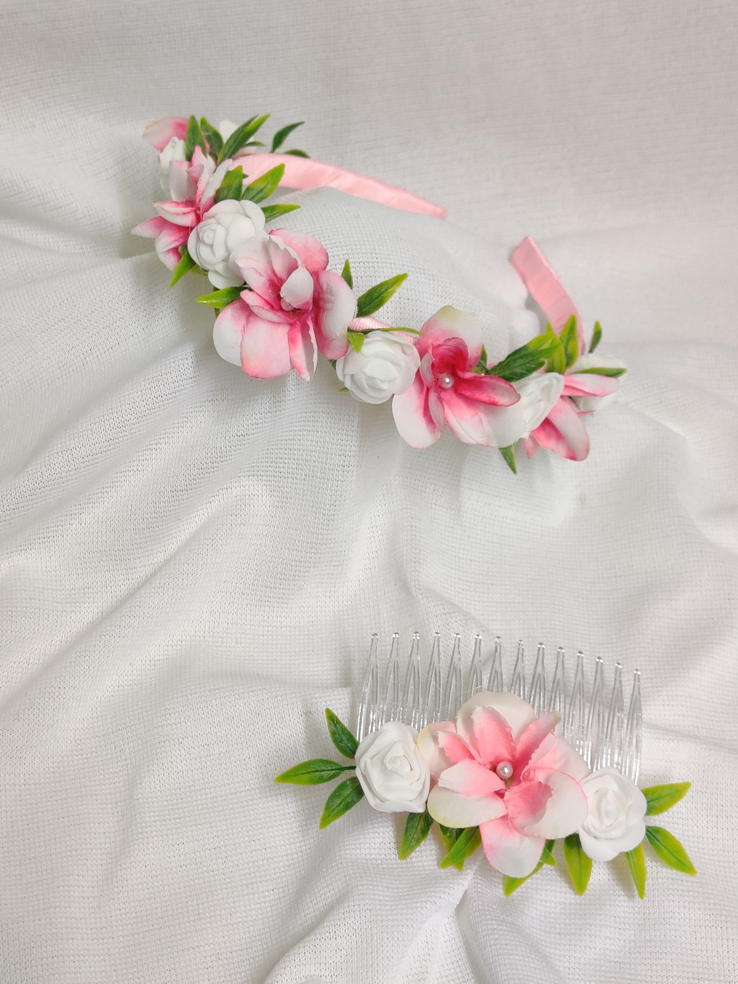 Pink and ivory rose headband and comb