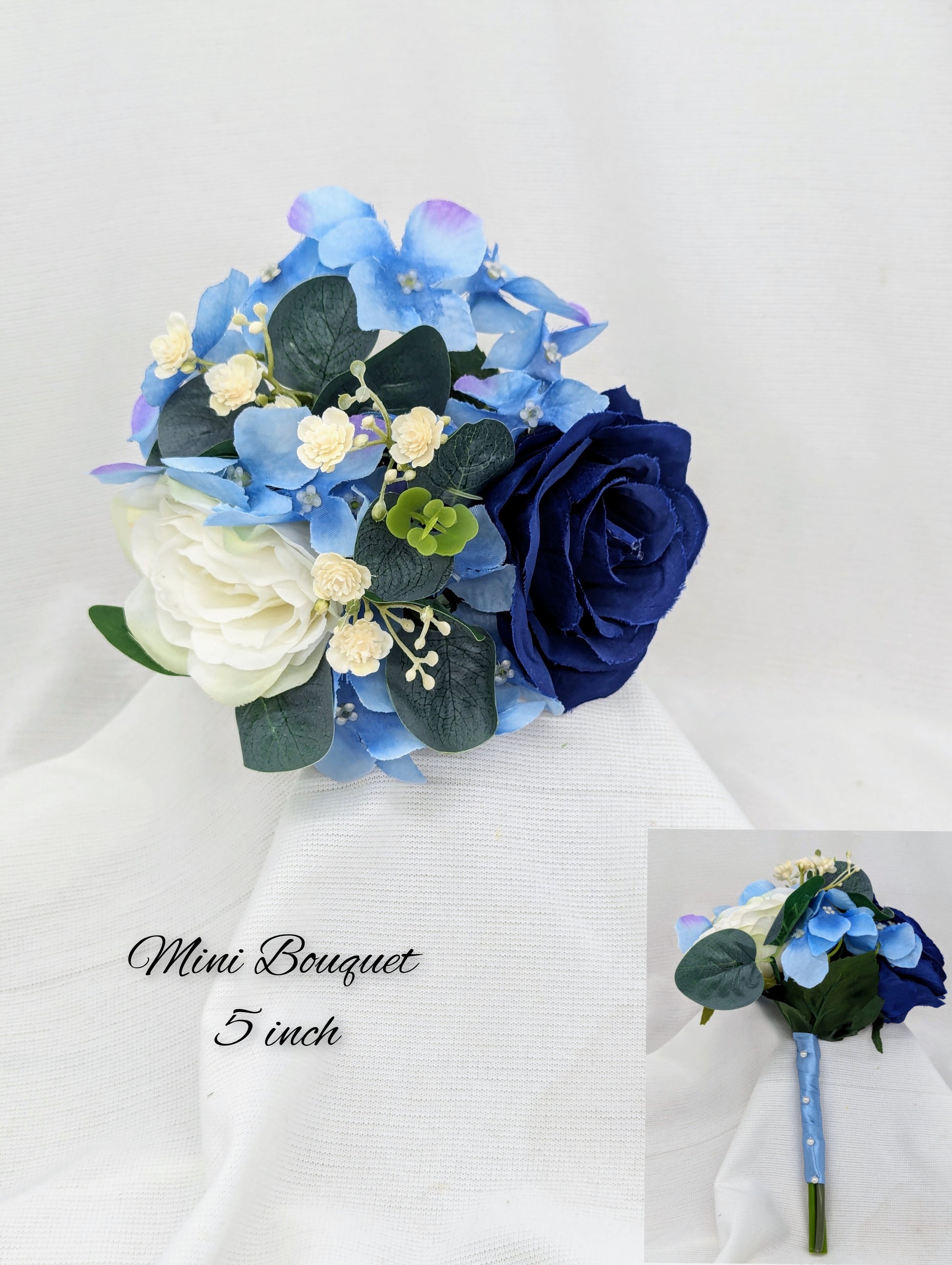 Blue and Ivory rose bouquet with hydrangea, gypsophila and eucalyptus. Mini bouquet