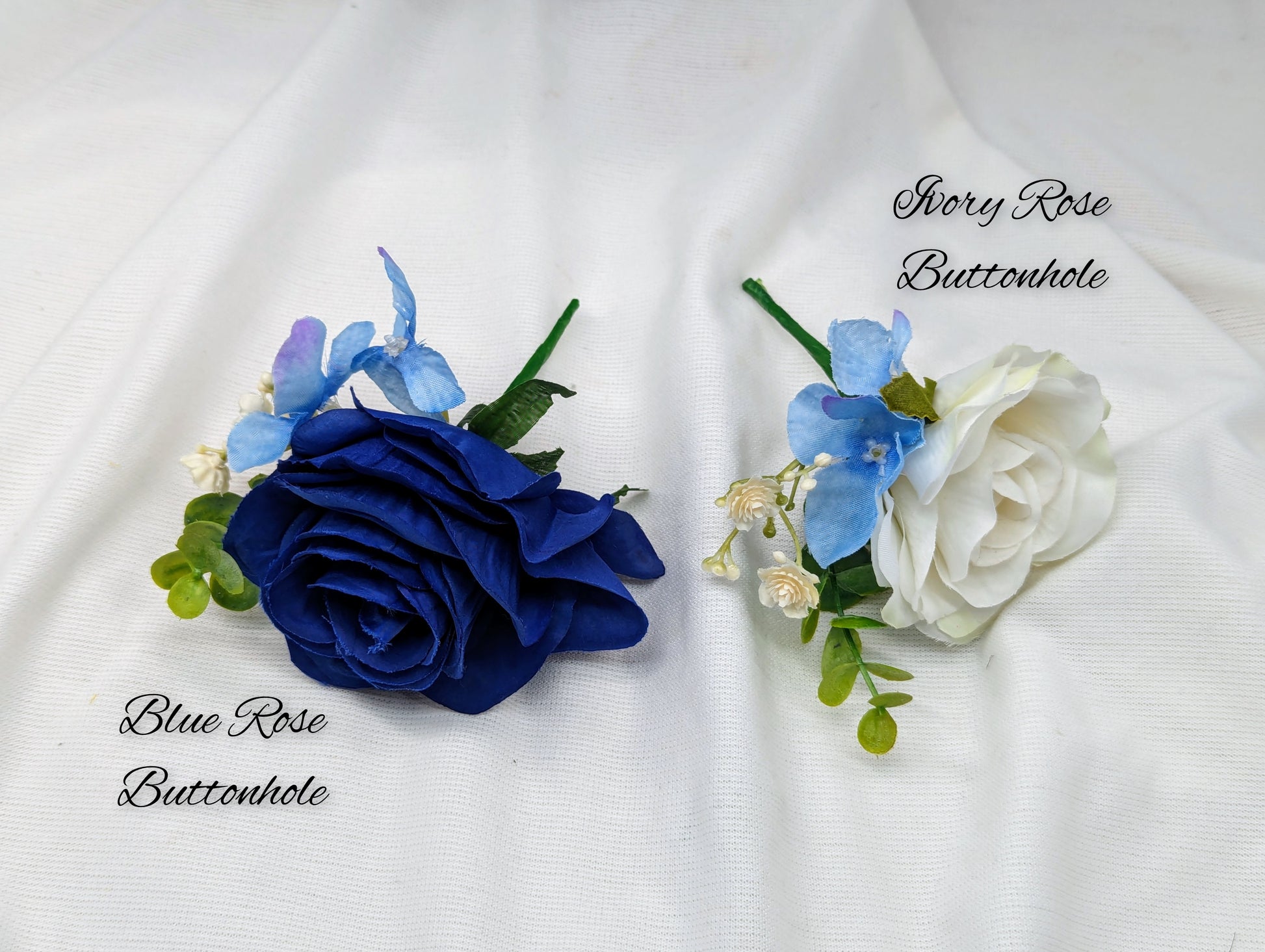 Blue and Ivory rose bouquet with hydrangea, gypsophila and eucalyptus buttonhole 