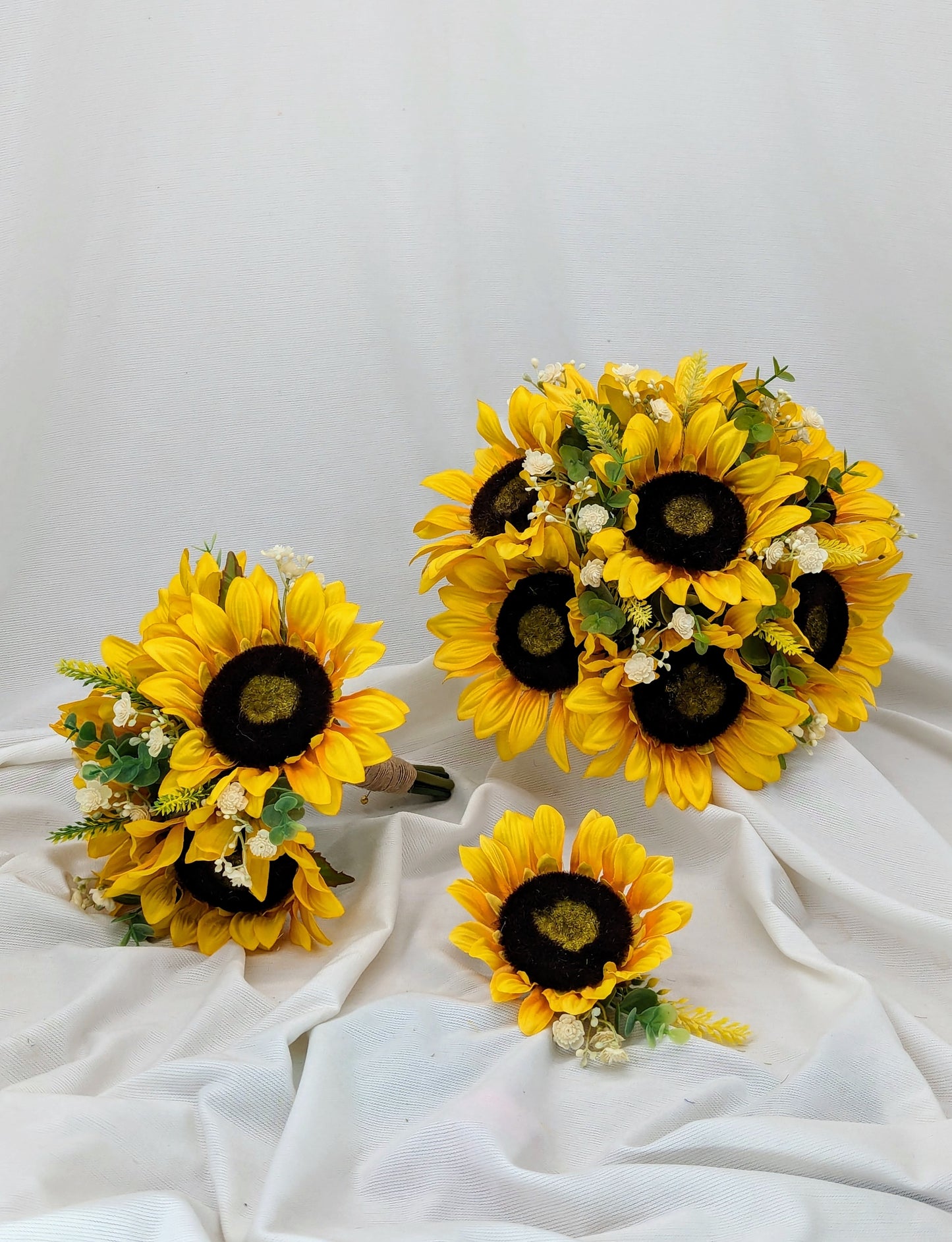 Sunflower, heather,gyp and eucalyptus wedding flowers