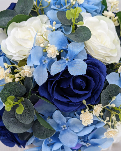 Blue and Ivory rose bouquet with hydrangea, gypsophila and eucalyptus. Wedding flowers 