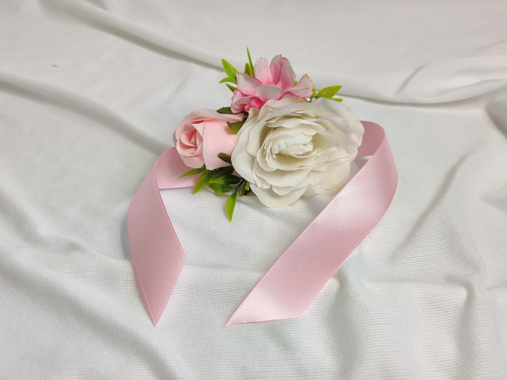 Pink and ivory rose wedding wrist corsage