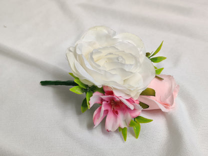 Pink and ivory rose wedding ladies pin corsage