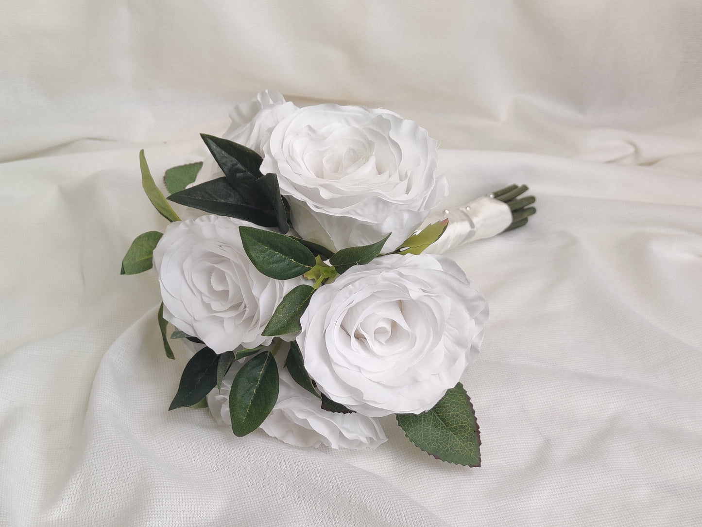 Large pure white rose wedding flowers brides, bridesmaid buttonhole and wand