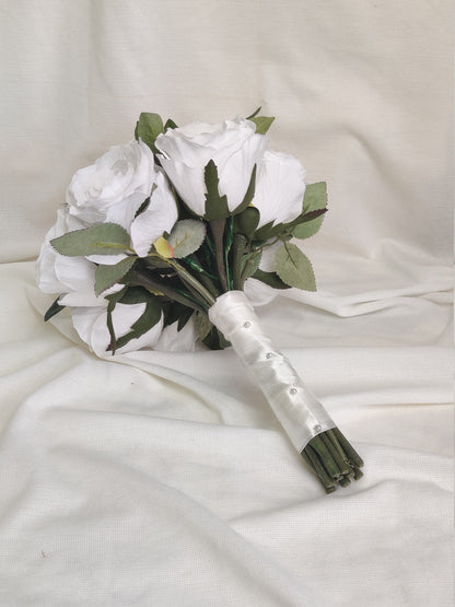 Large pure white rose wedding flowers brides, bridesmaid buttonhole and wand