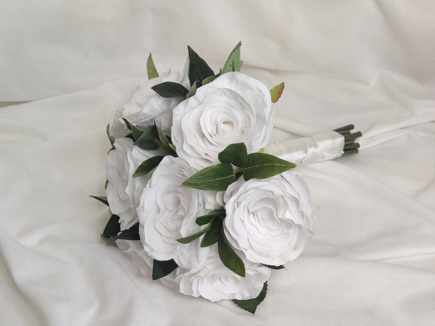 Large pure white rose wedding flowers brides, bridesmaid buttonhole and wand