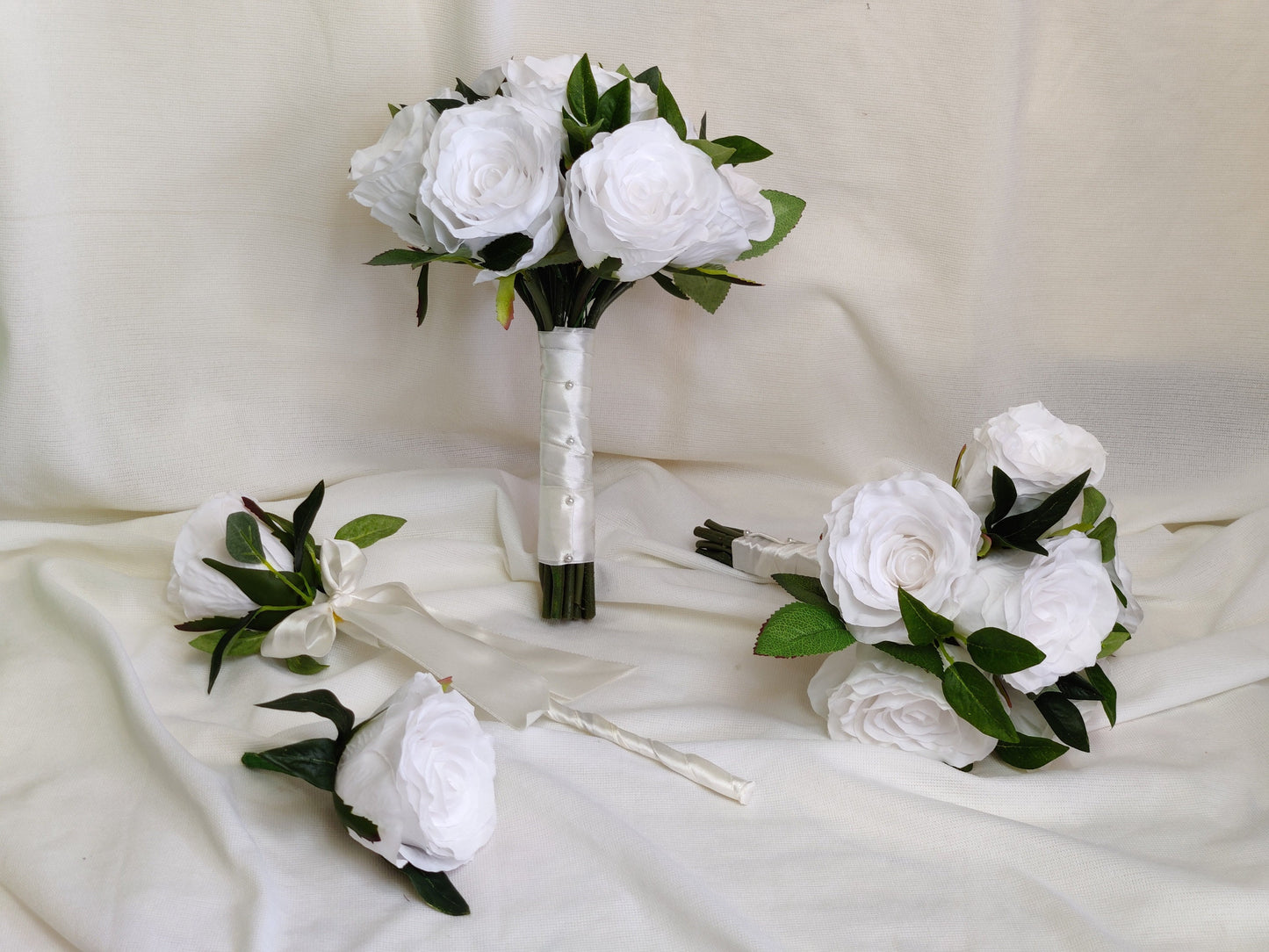 Large pure white rose wedding flowers brides, bridesmaid buttonhole and wand