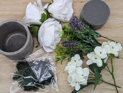 Pink and white rose, lavender and hydrangea floral craft kit in bee pot 