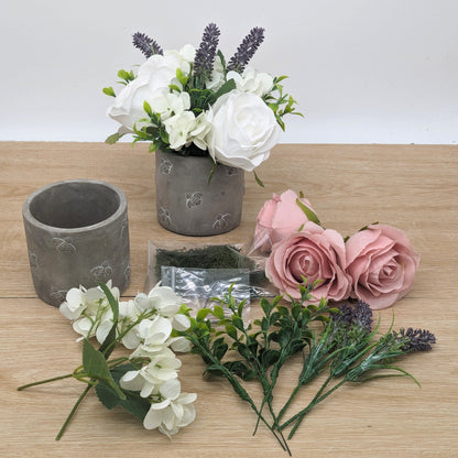 Pink rose, lavender and hydrangea floral craft kit in bee pot 