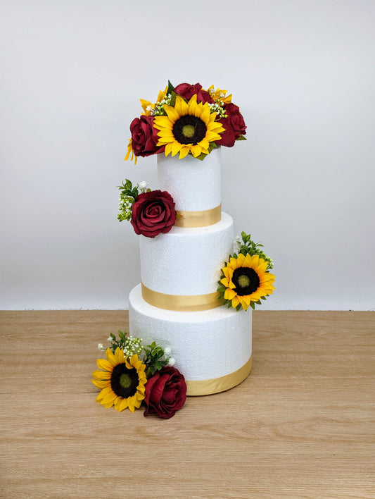 Burgundy rose and sunflower cake flowers and topper