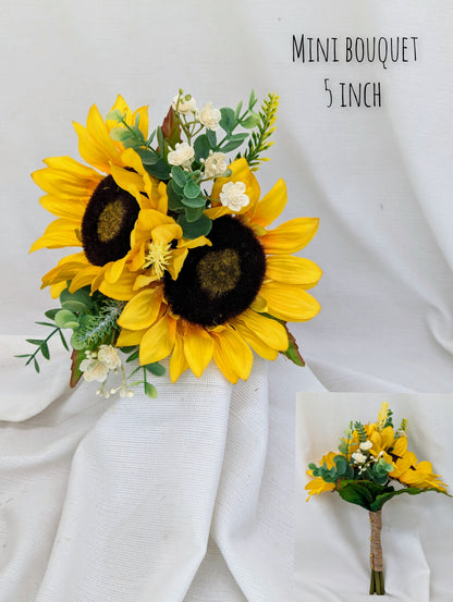 Sunflower, heather,gyp and eucalyptus mini bouquet