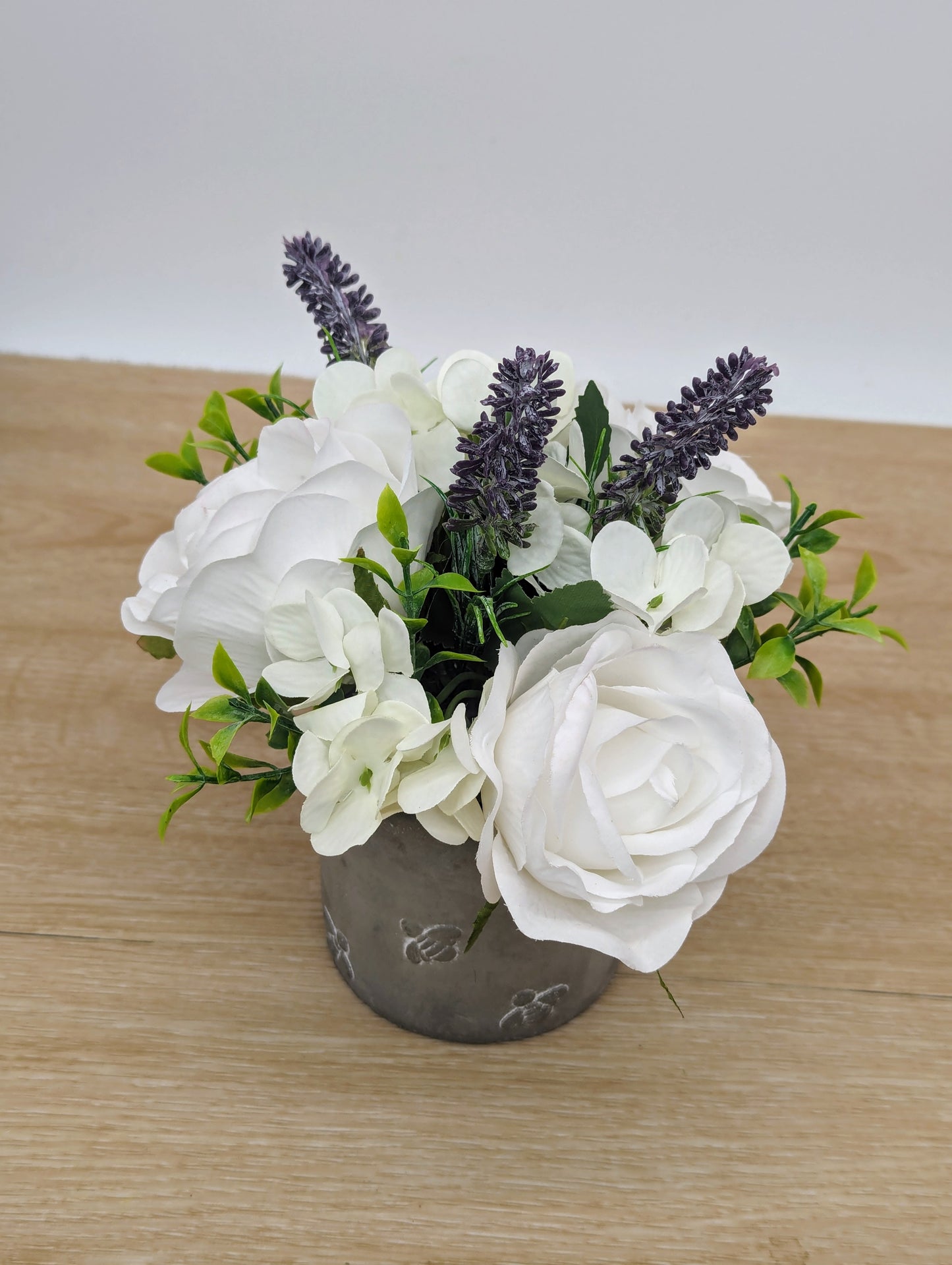 White rose, lavender and hydrangea floral craft kit in bee pot 