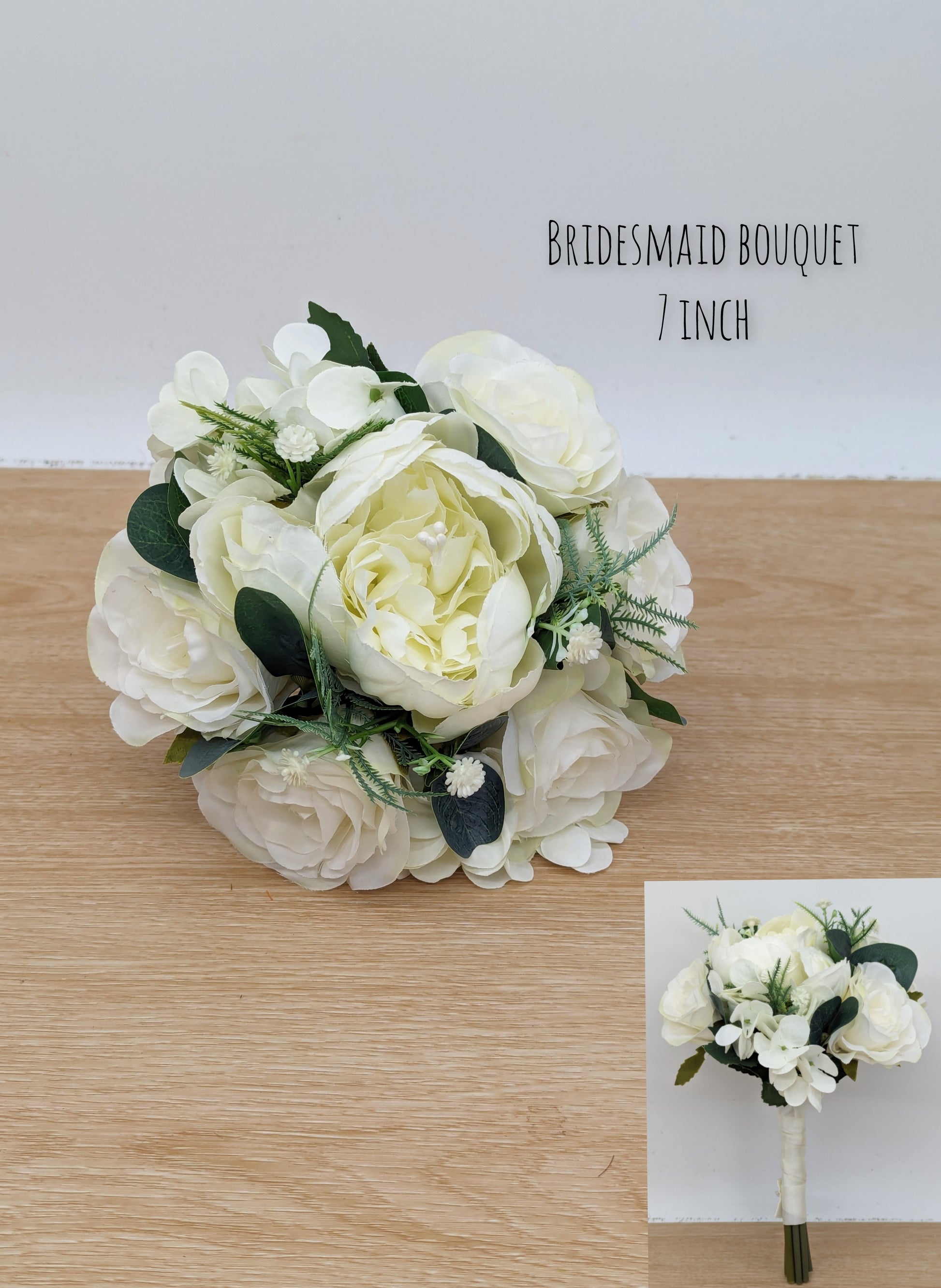 Ivory rose, peony hydrangea and foliage bridesmaid bouquet 