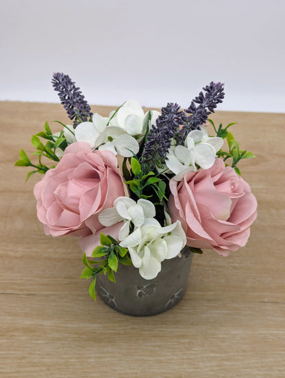 Pink rose, lavender and hydrangea floral craft kit in bee pot 