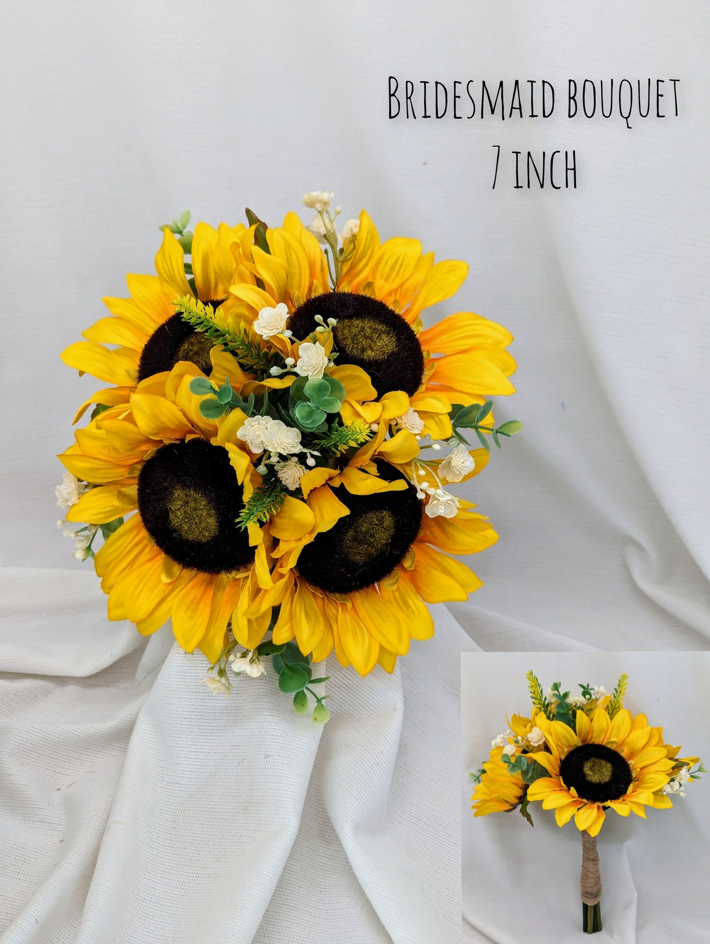 Sunflower, heather,gyp and eucalyptus bridesmaid bouquet 