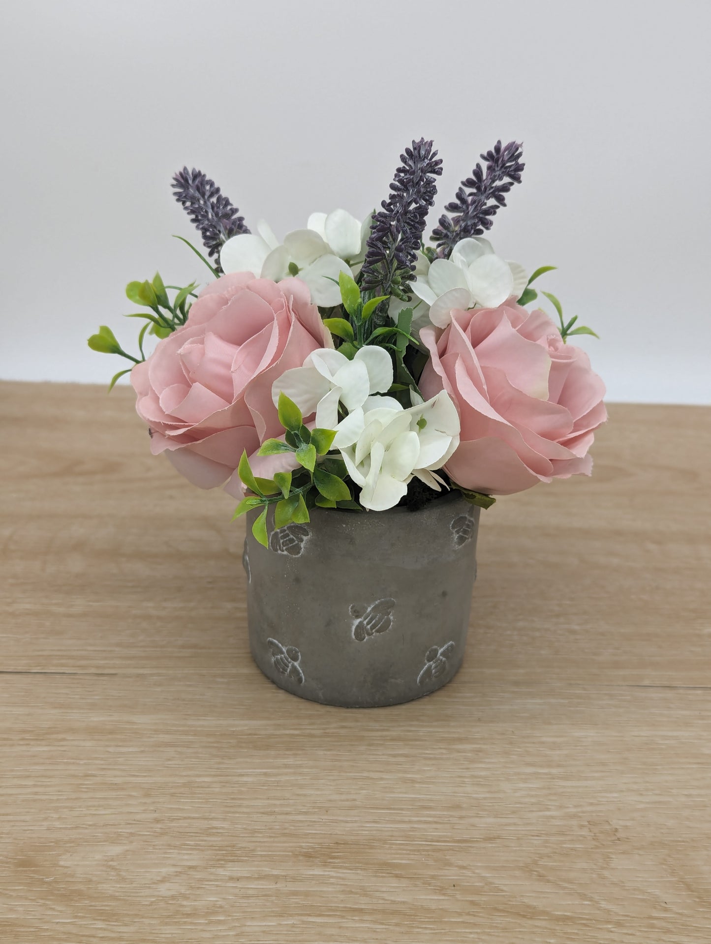 Pink rose, lavender and hydrangea floral craft kit in bee pot 