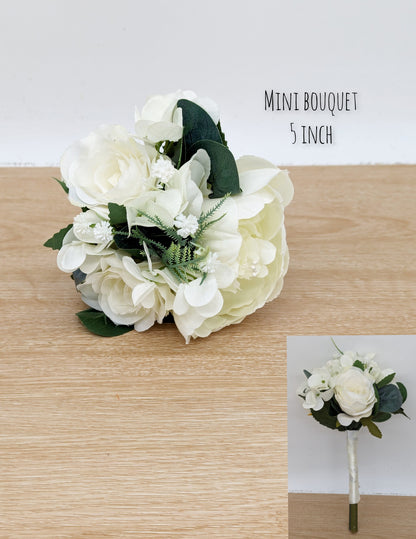 Ivory rose, peony hydrangea and foliage mini bouquet 