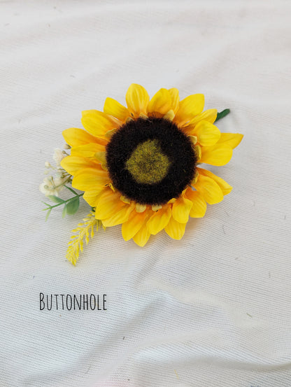 Sunflower, heather,gyp and eucalyptus buttonhole