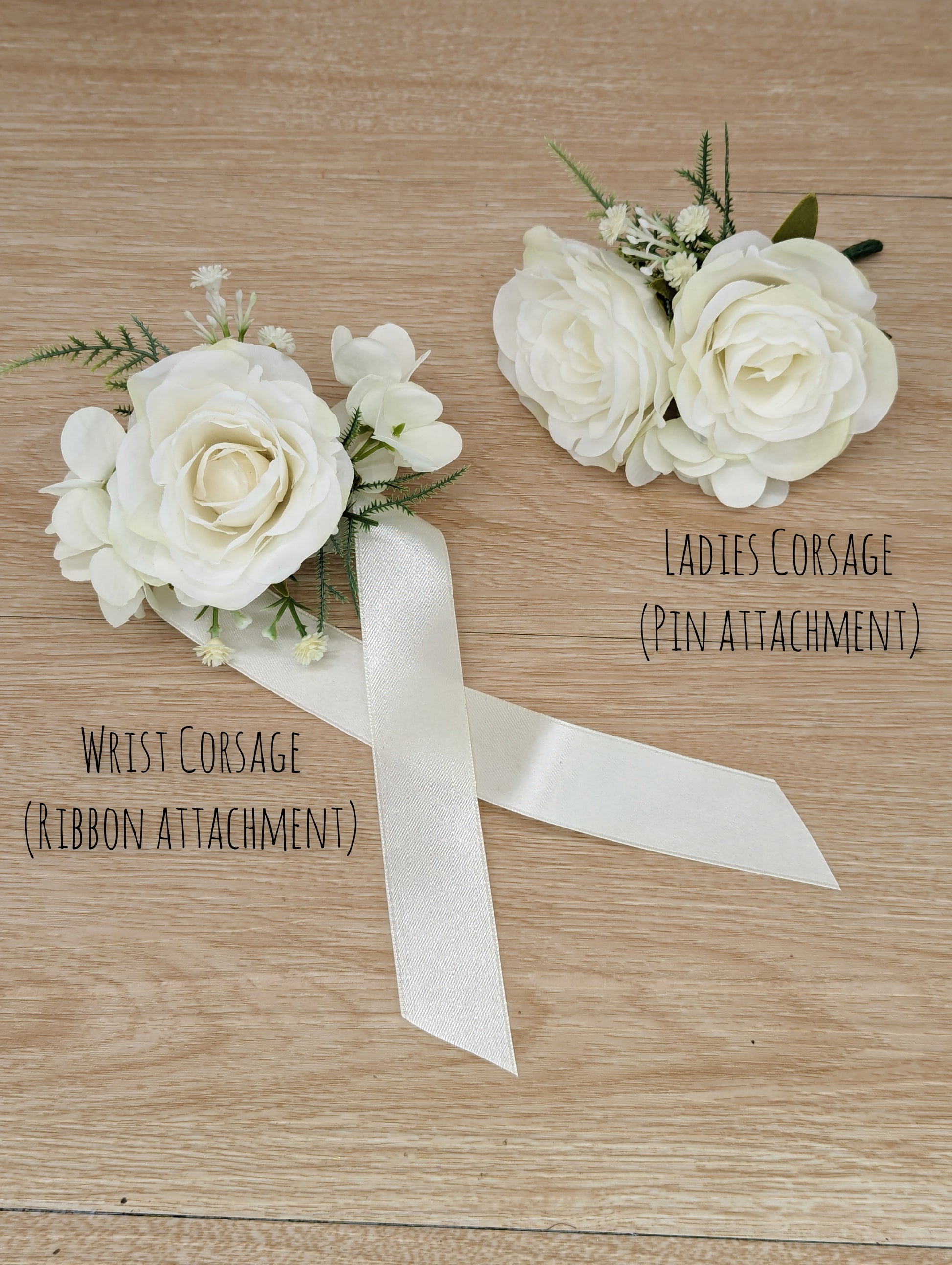 Ivory rose, peony hydrangea and foliage wrist Corsage and ladies pin corsage.