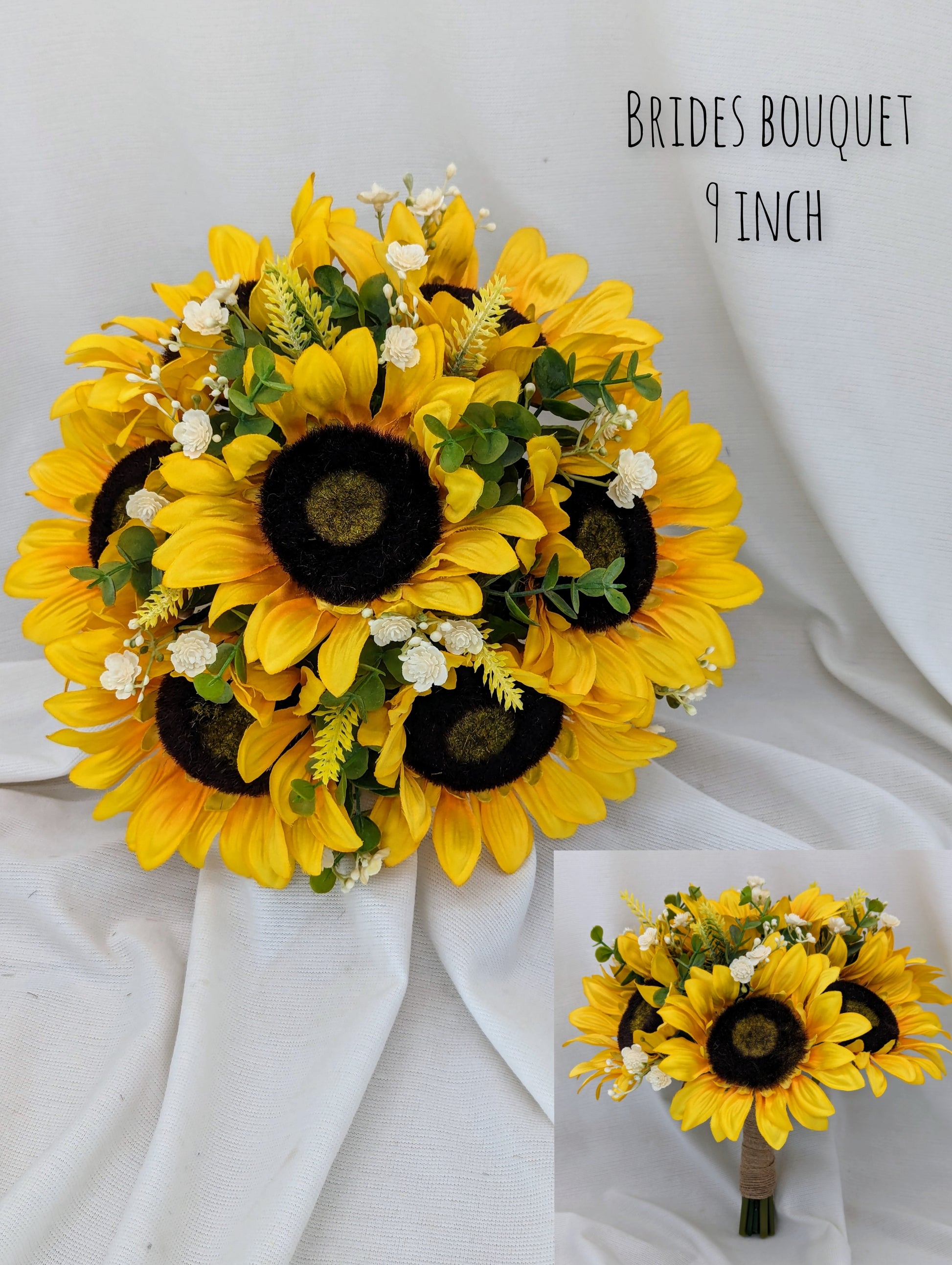 Sunflower, heather,gyp and eucalyptus brides bouquet 